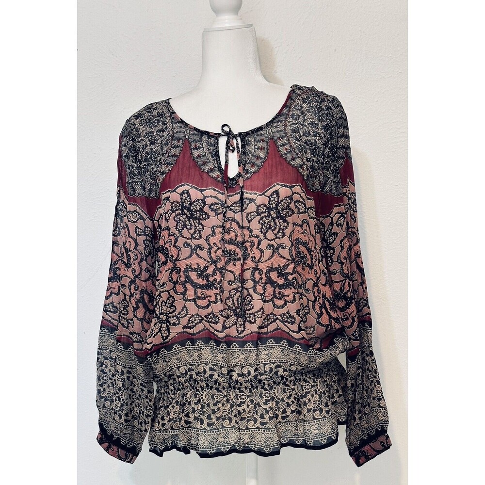 Bila Women Size PL Floral Embellished Long Sleeve Tasseled Blouse Boho Peasant